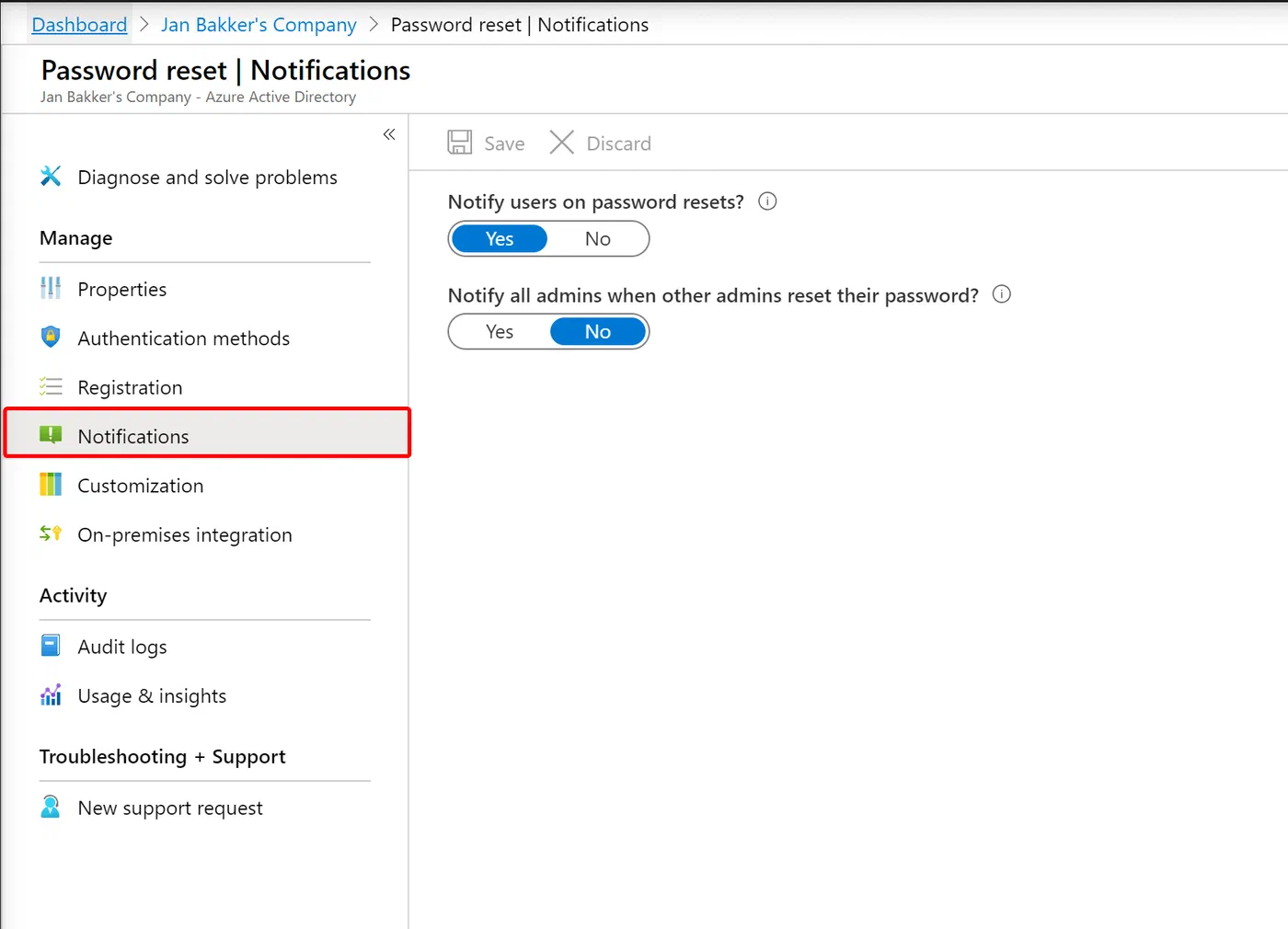 Azure AD self-service password reset notification settings
