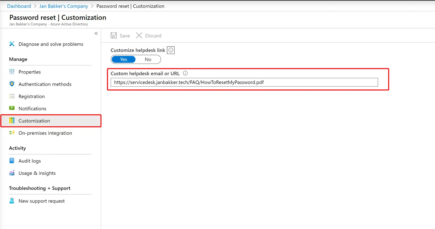Azure AD password reset customization settings for support contact information