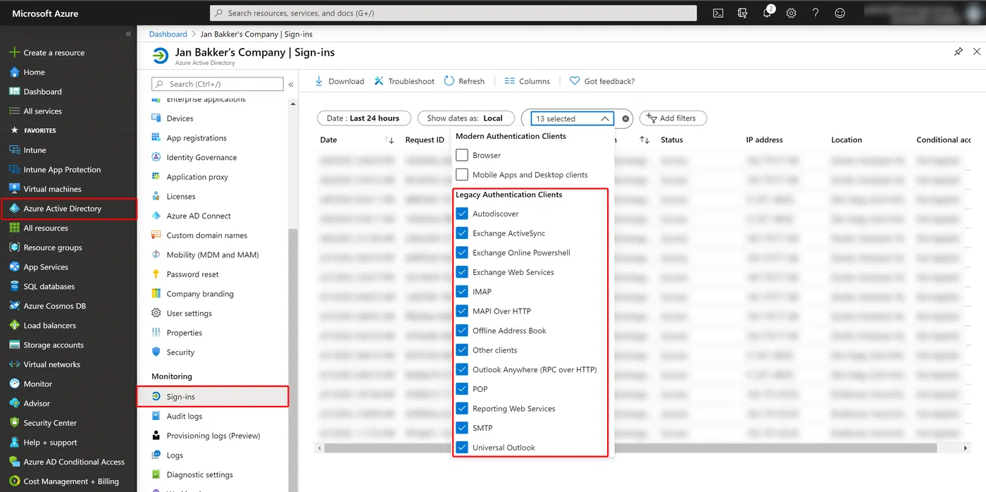 Azure AD sign-in logs filtered to show legacy authentication clients