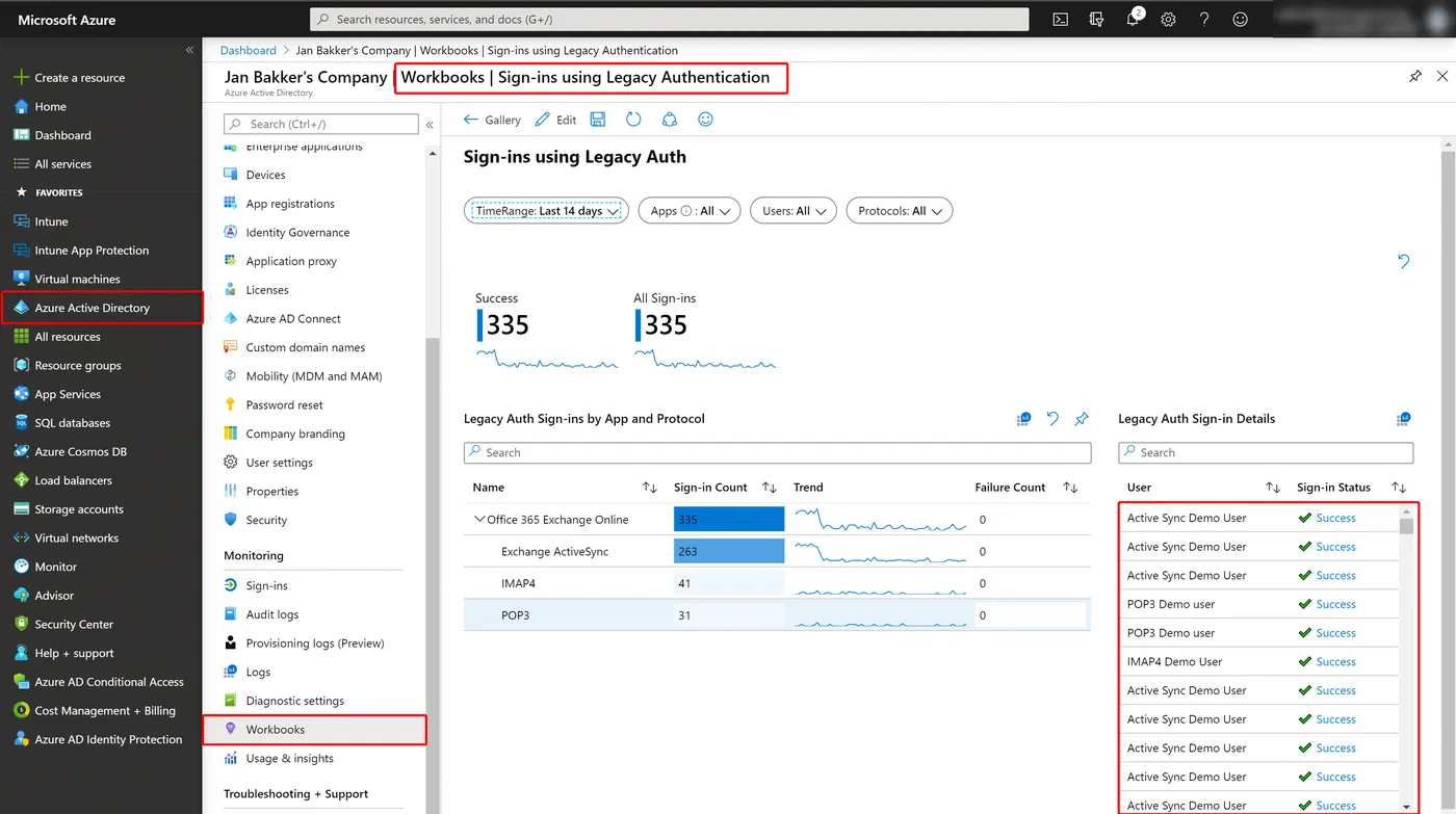 Azure workbook showing sign-ins that use legacy authentication