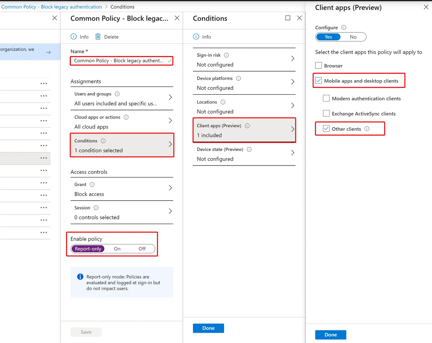 Conditional Access policy blocking legacy clients in report-only mode