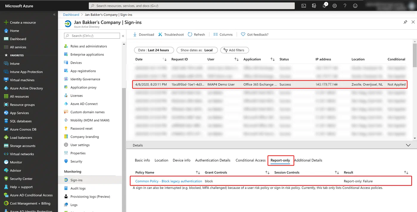 Azure sign-in details showing a legacy client allowed in report-only mode