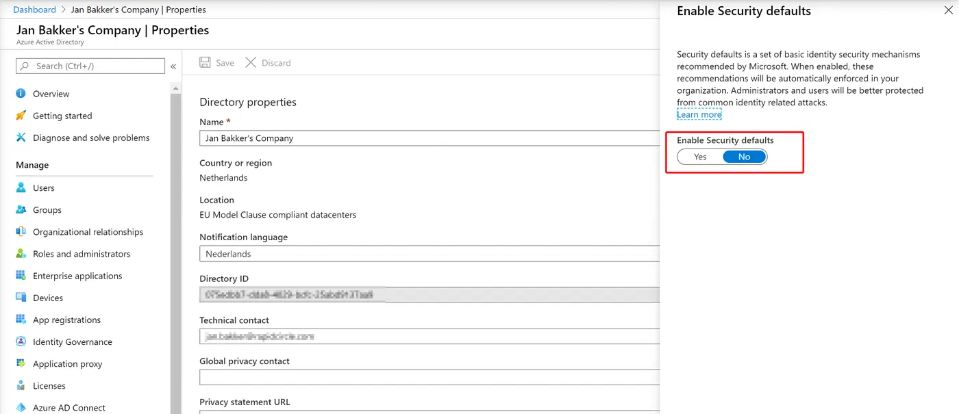 Azure Active Directory Security Defaults setting for blocking legacy authentication