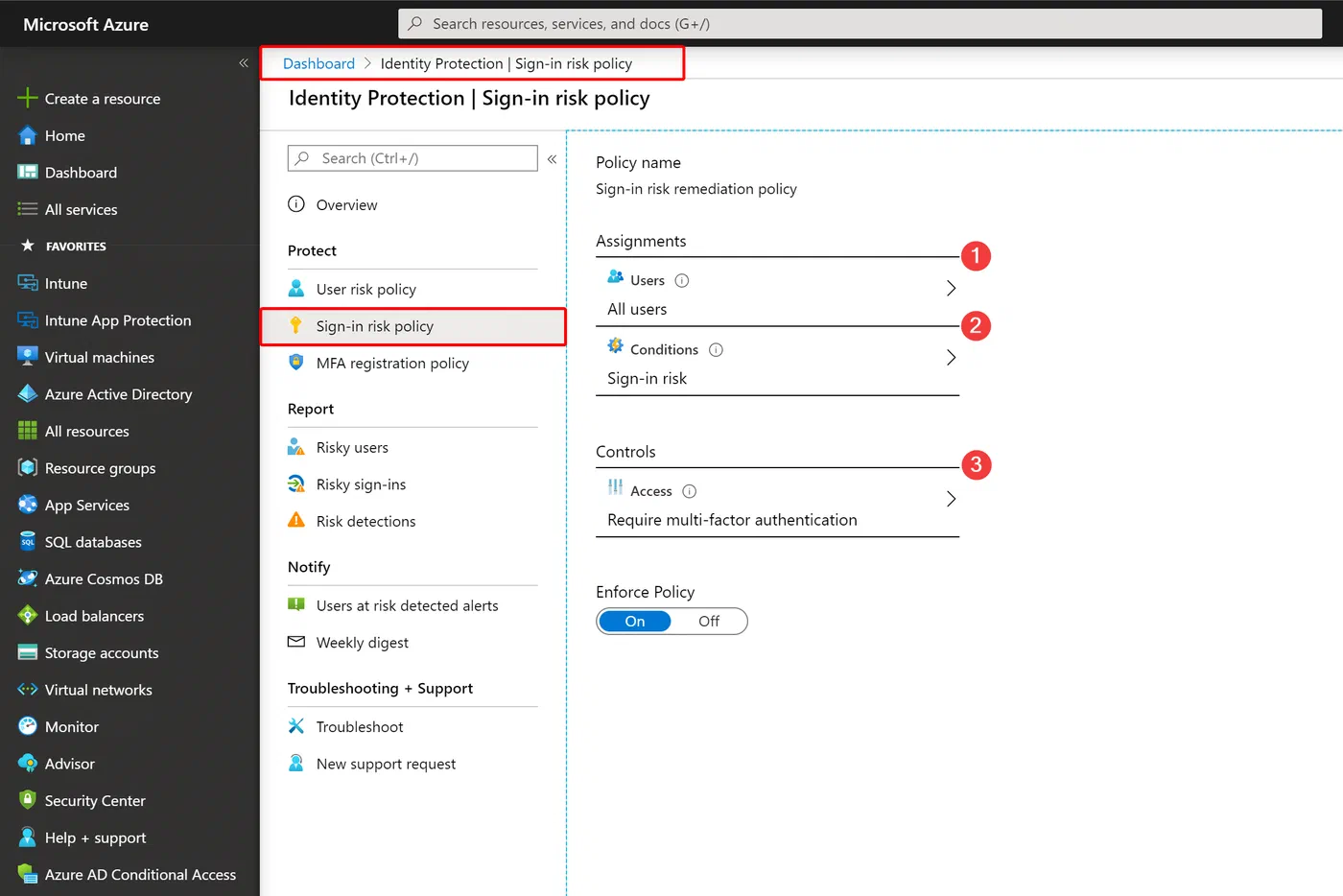 Azure Identity Protection sign-in risk policy configuration settings