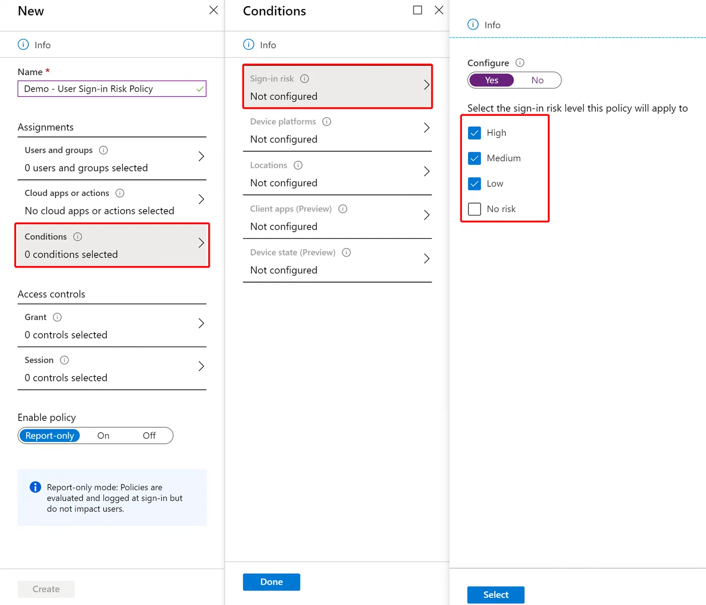 Conditional Access policy conditions including sign-in risk level
