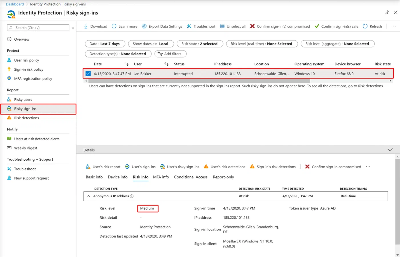 Azure portal risky sign-in record for the test account