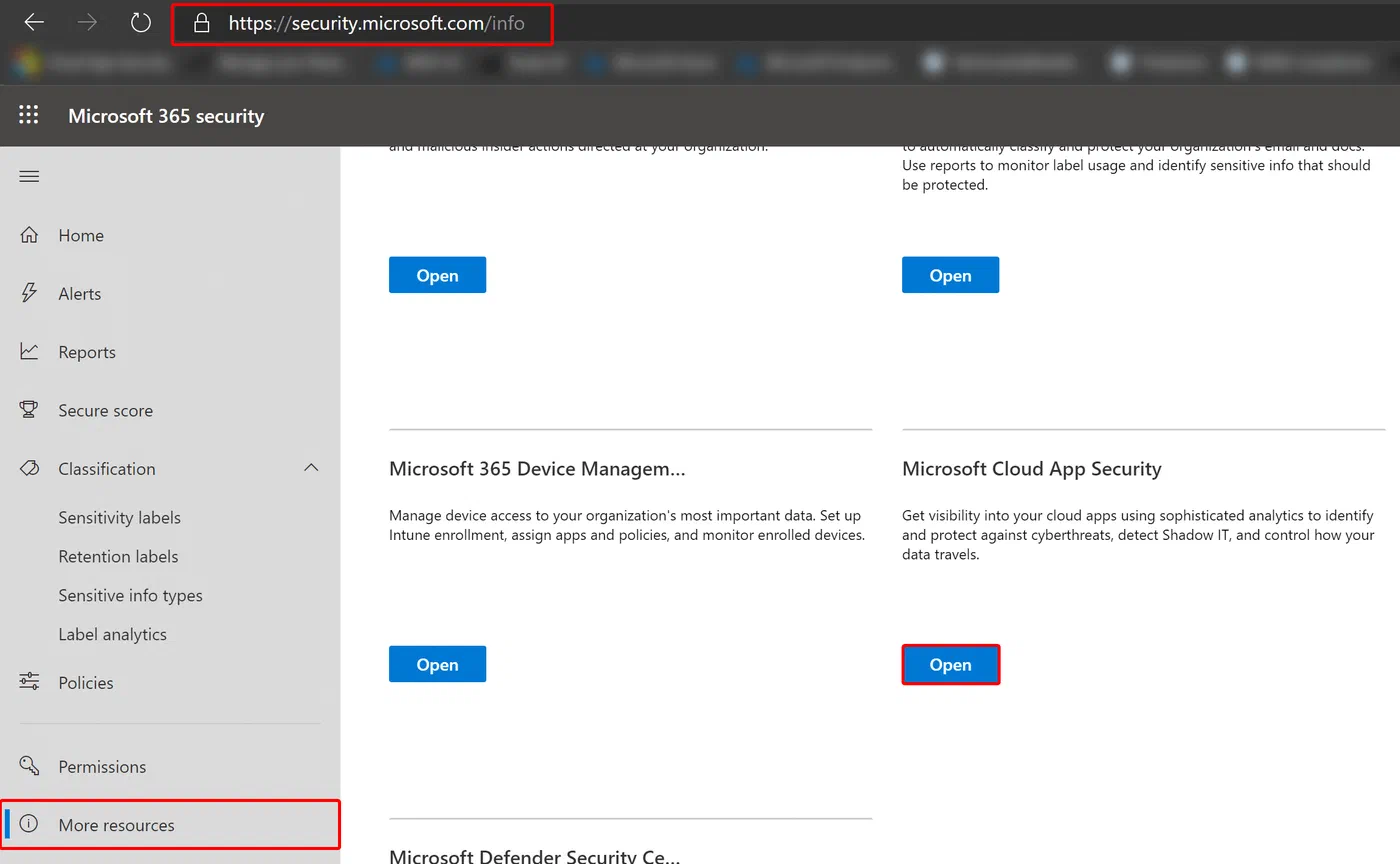 Microsoft security portal More resources menu with Cloud App Security access
