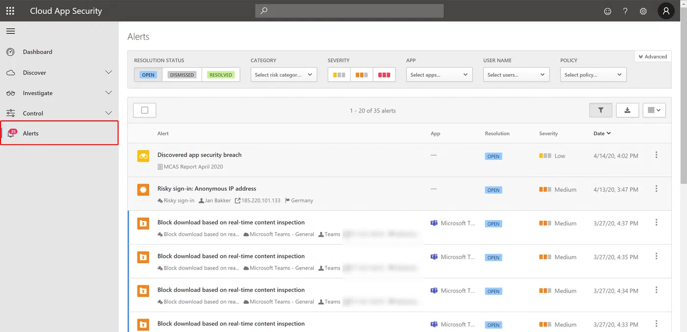 Cloud App Security alerts list with filters for severity and category