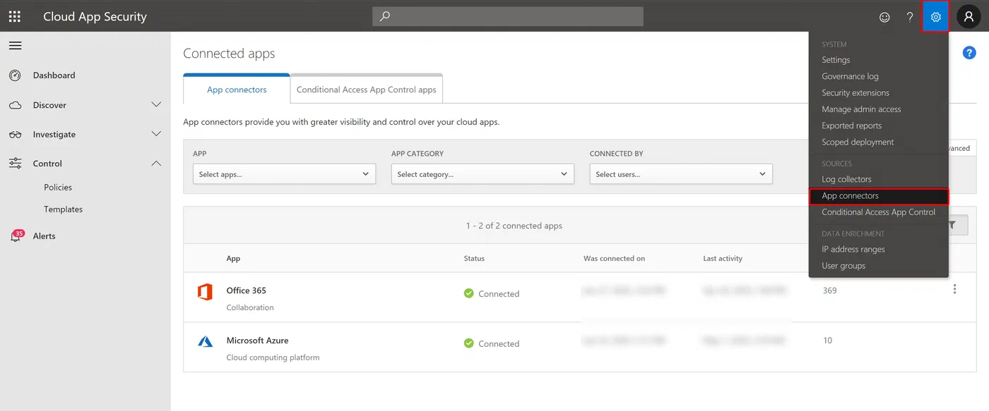 Cloud App Security app connectors page for connecting cloud applications