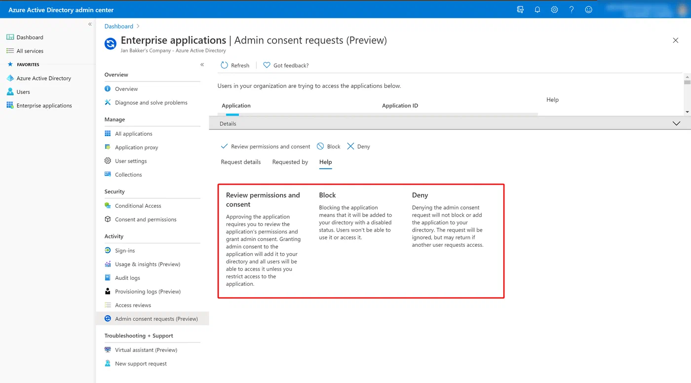 Azure admin center options to approve or deny an app consent request