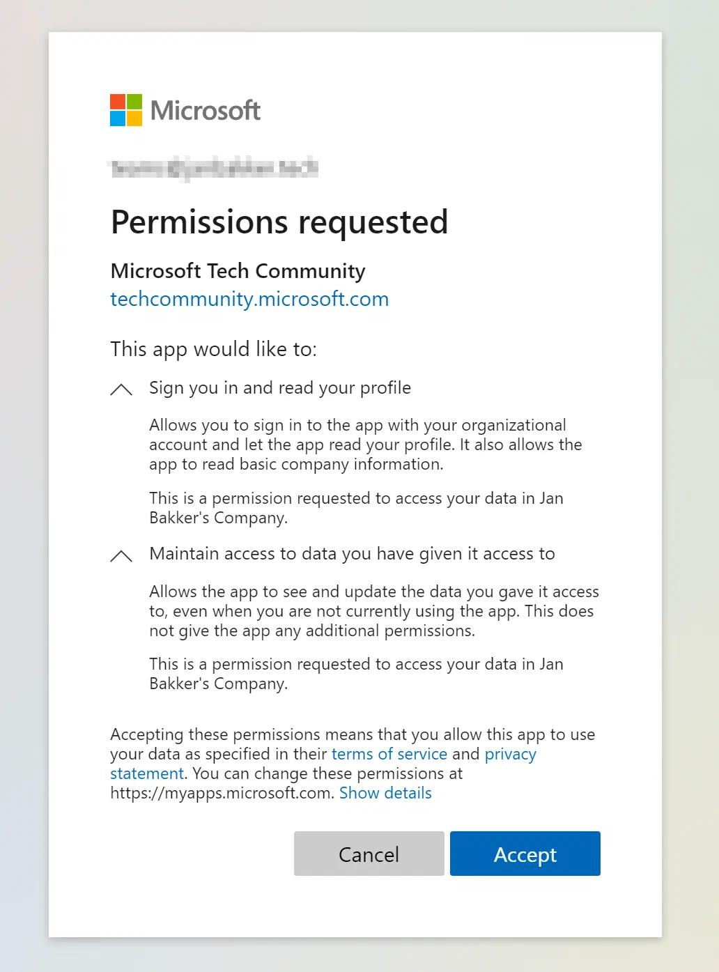 Microsoft Tech Community application consent prompt listing requested permissions