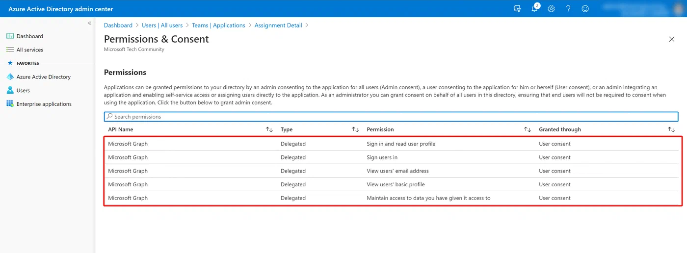 Azure portal view of permissions granted to an enterprise application
