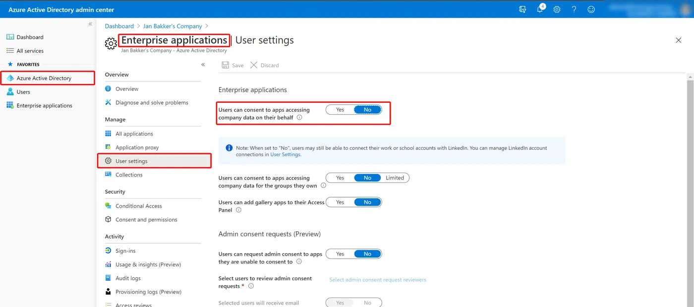 Azure Active Directory user settings for third-party application consent