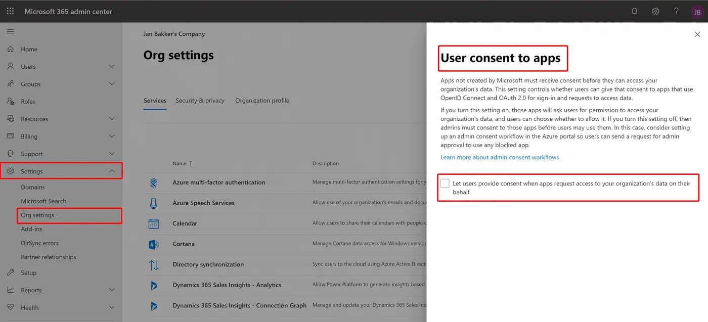 Microsoft 365 admin center setting for user consent to apps