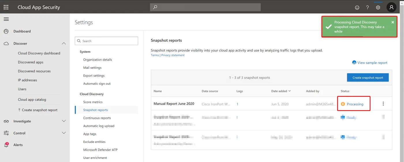 Cloud App Security status while uploaded discovery logs are processed