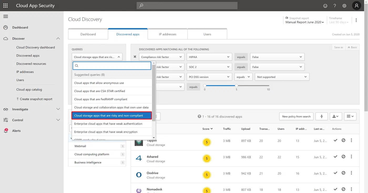 Cloud Discovery dashboard showing applications found in network logs