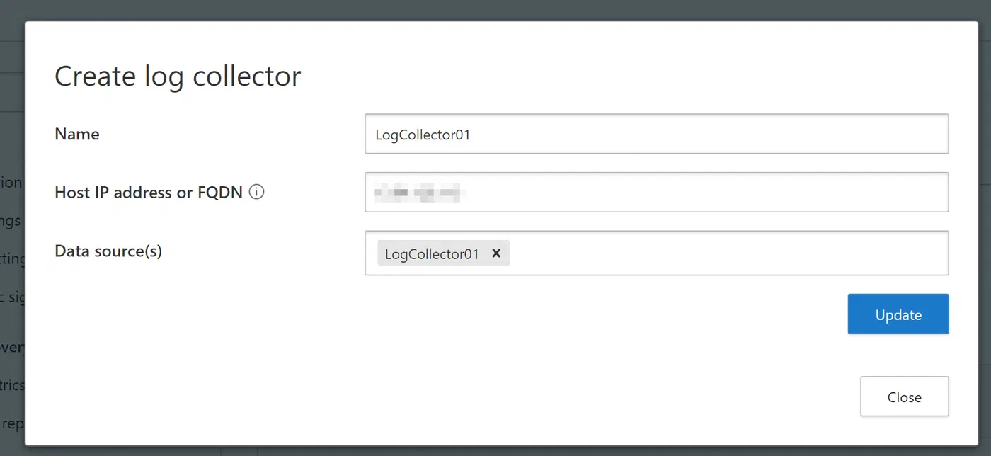 Cloud App Security form for creating a log collector and assigning its data source