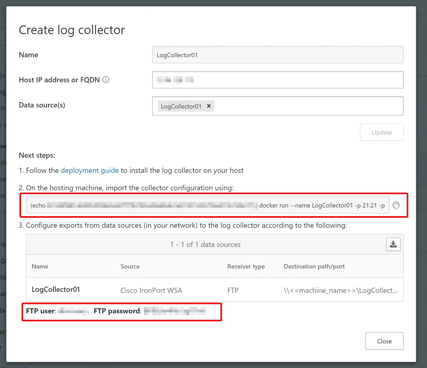 Log Collector setup details with its configuration command and FTP credentials
