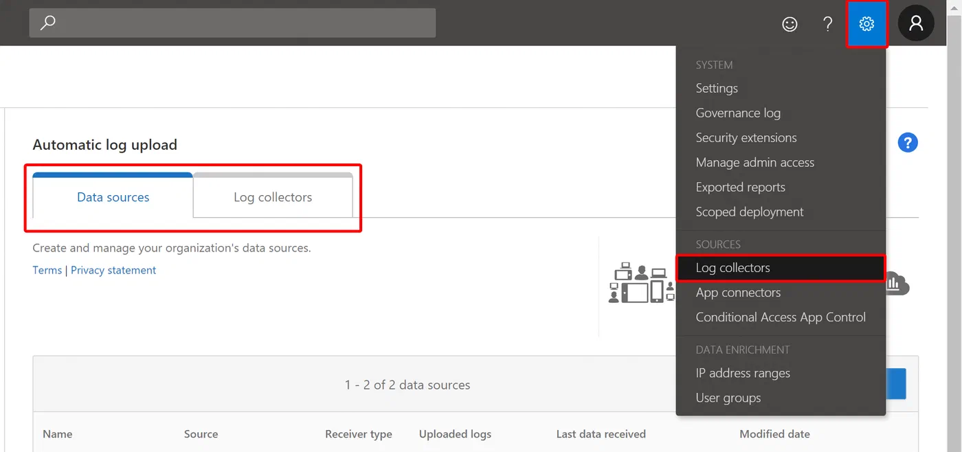 Cloud App Security Log Collectors overview page