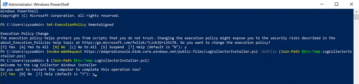 Windows setup running the script to configure Docker for the log collector