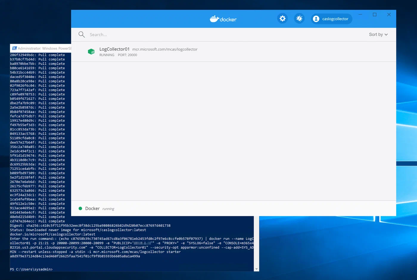Docker dashboard showing the Cloud App Security log collector container