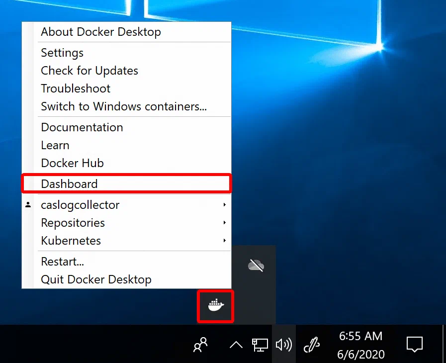 Docker dashboard tray view confirming the log collector container is running