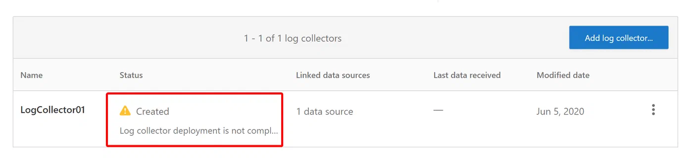 Cloud App Security showing a newly created but unconfigured log collector