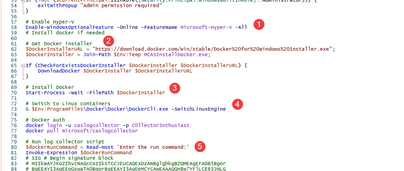 PowerShell window showing the Cloud App Security log collector script downloaded