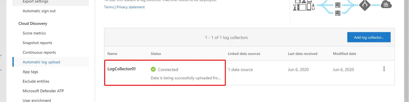 Cloud App Security overview showing the log collector status