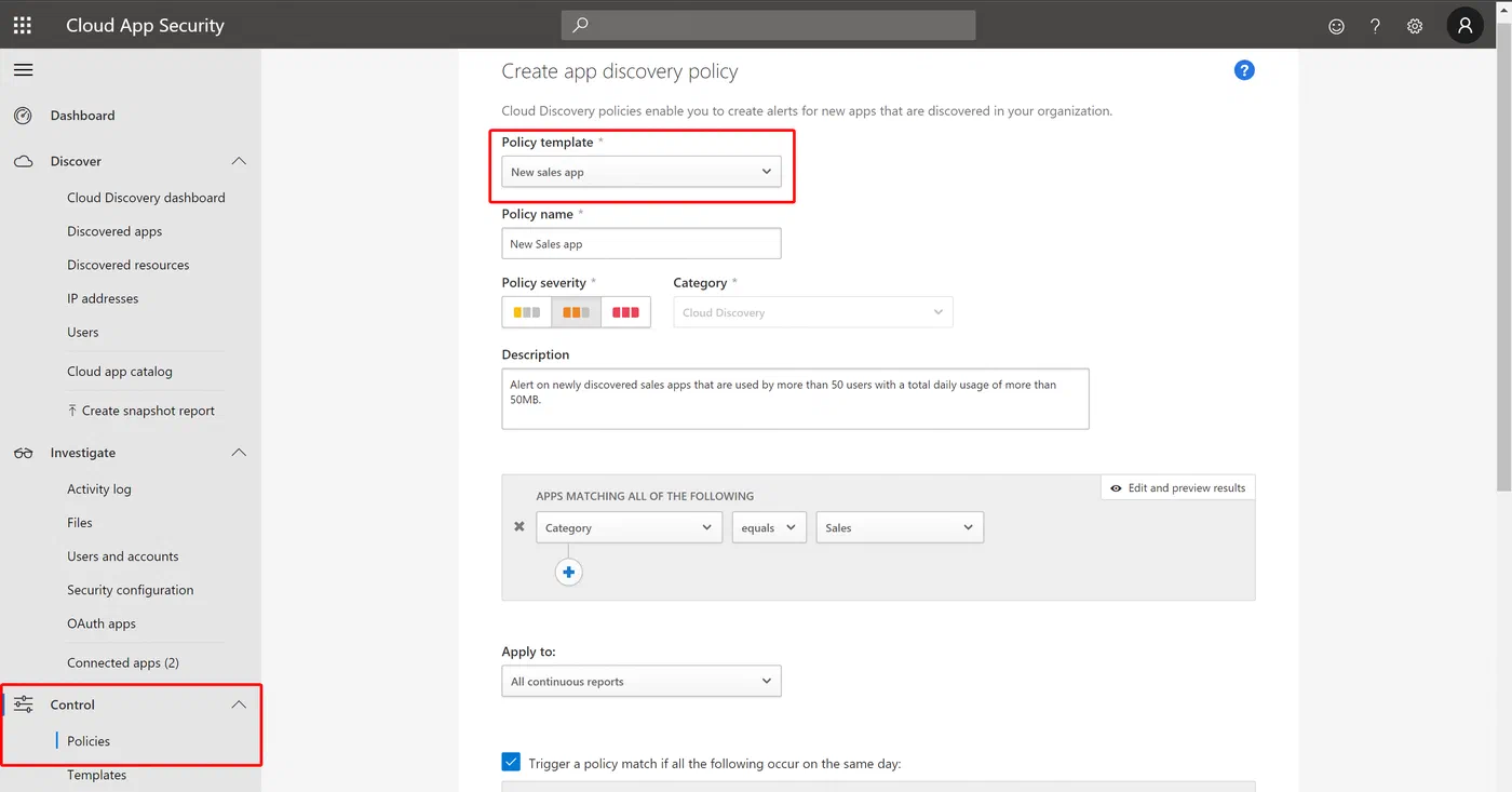 Cloud App Security policy templates for monitoring cloud application usage