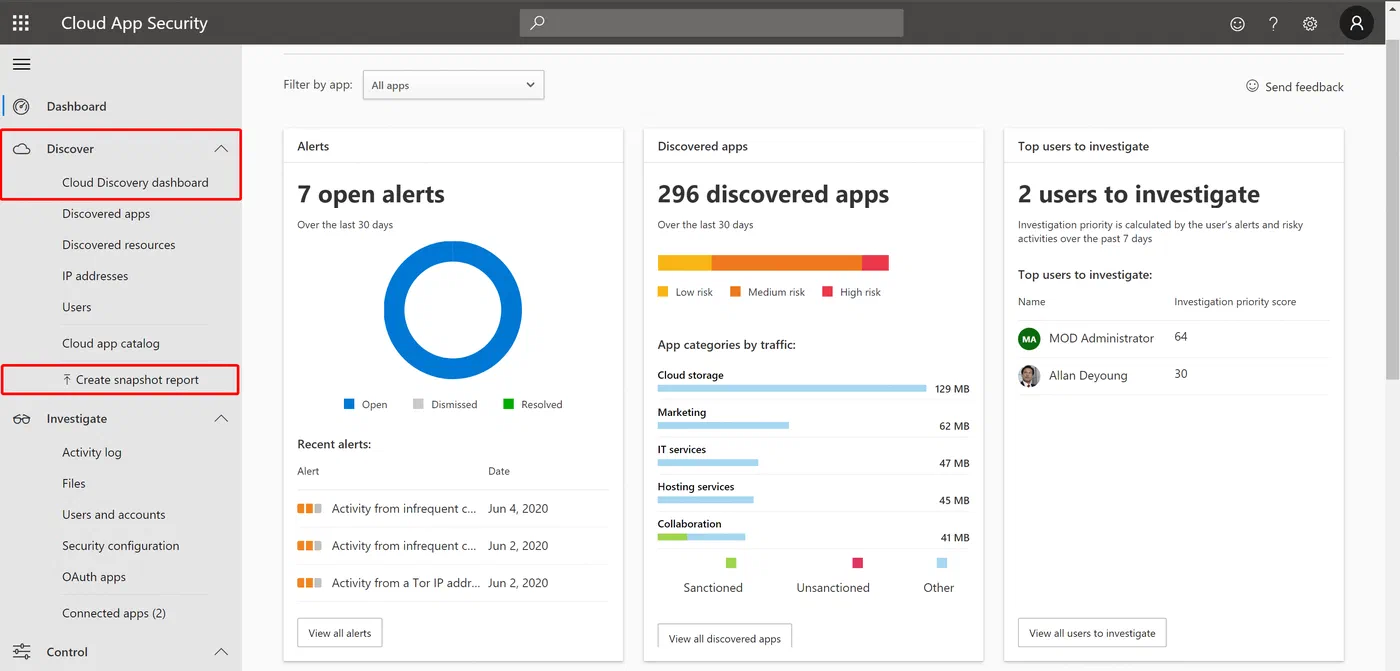 Cloud App Security page for creating a snapshot discovery report