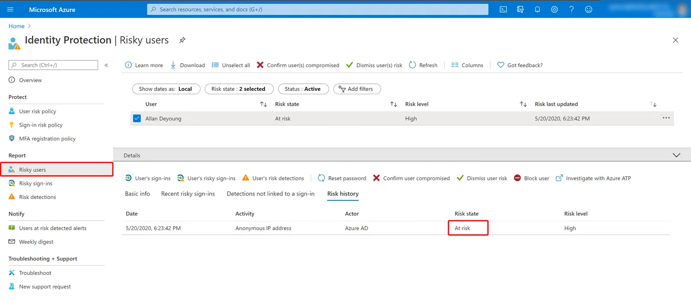 Azure Identity Protection risky users list in the Azure portal