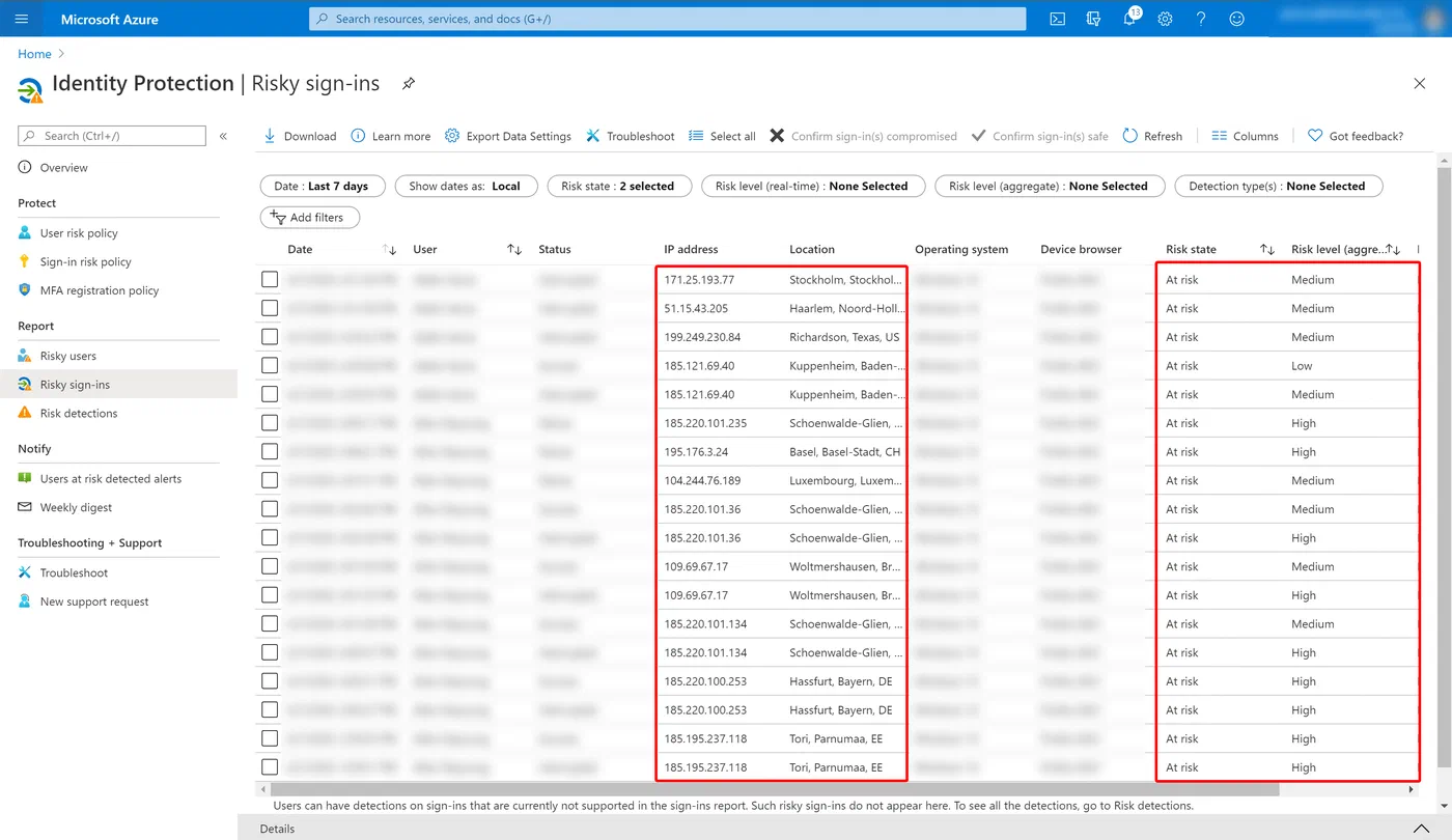 Risky sign-in sessions from multiple locations in Azure Identity Protection