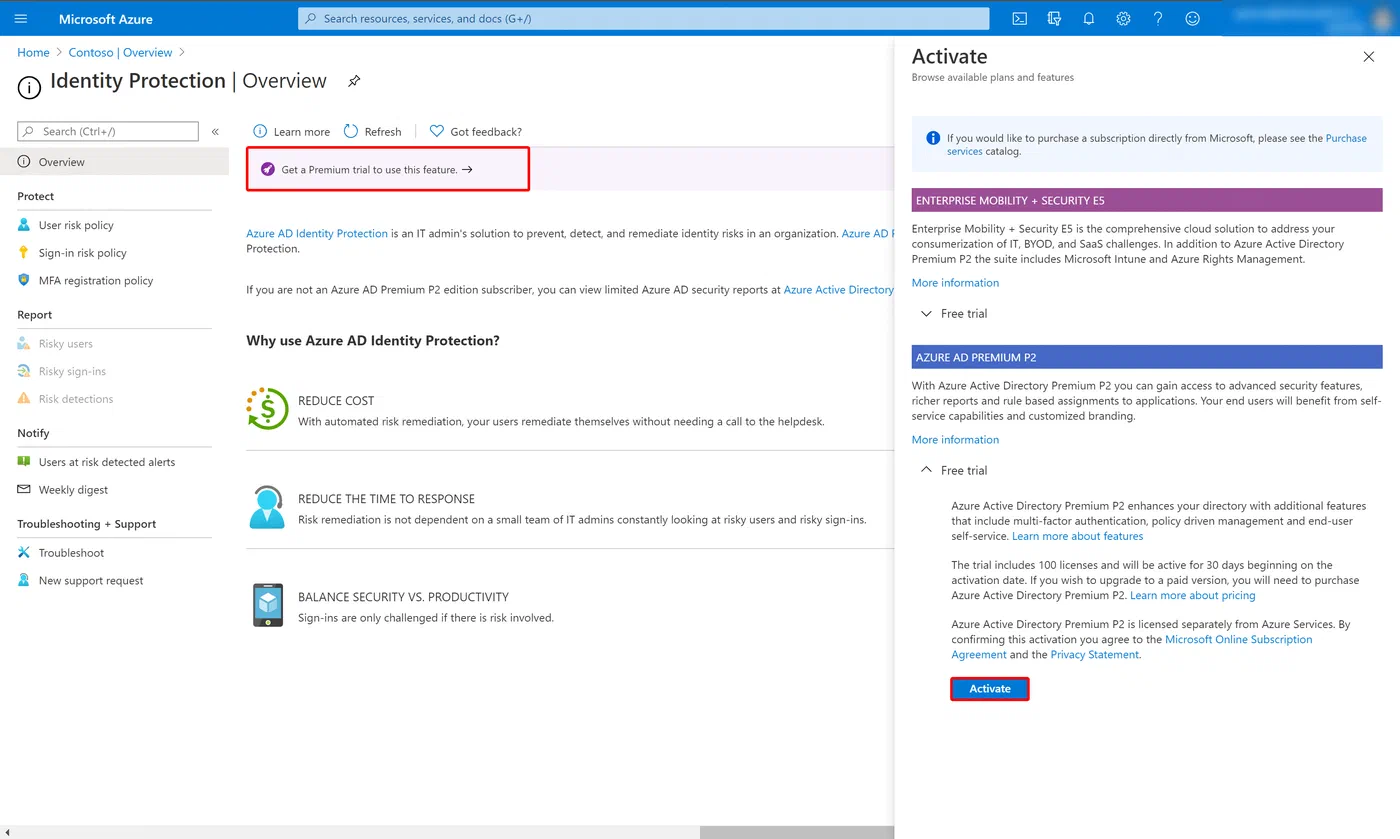 Azure portal trial license activation option for Azure AD Premium P2