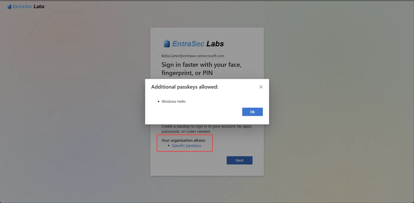 Passkey registration dialog showing Windows Hello as an additional allowed passkey