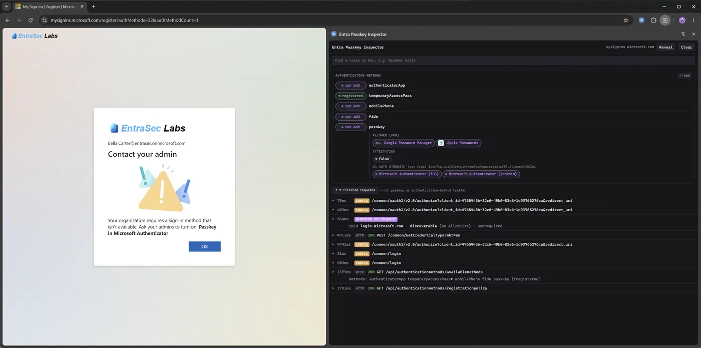 Entra Passkey Inspector comparing methods allowed by the Authentication Methods Policy with AAGUIDs enforced by Conditional Access