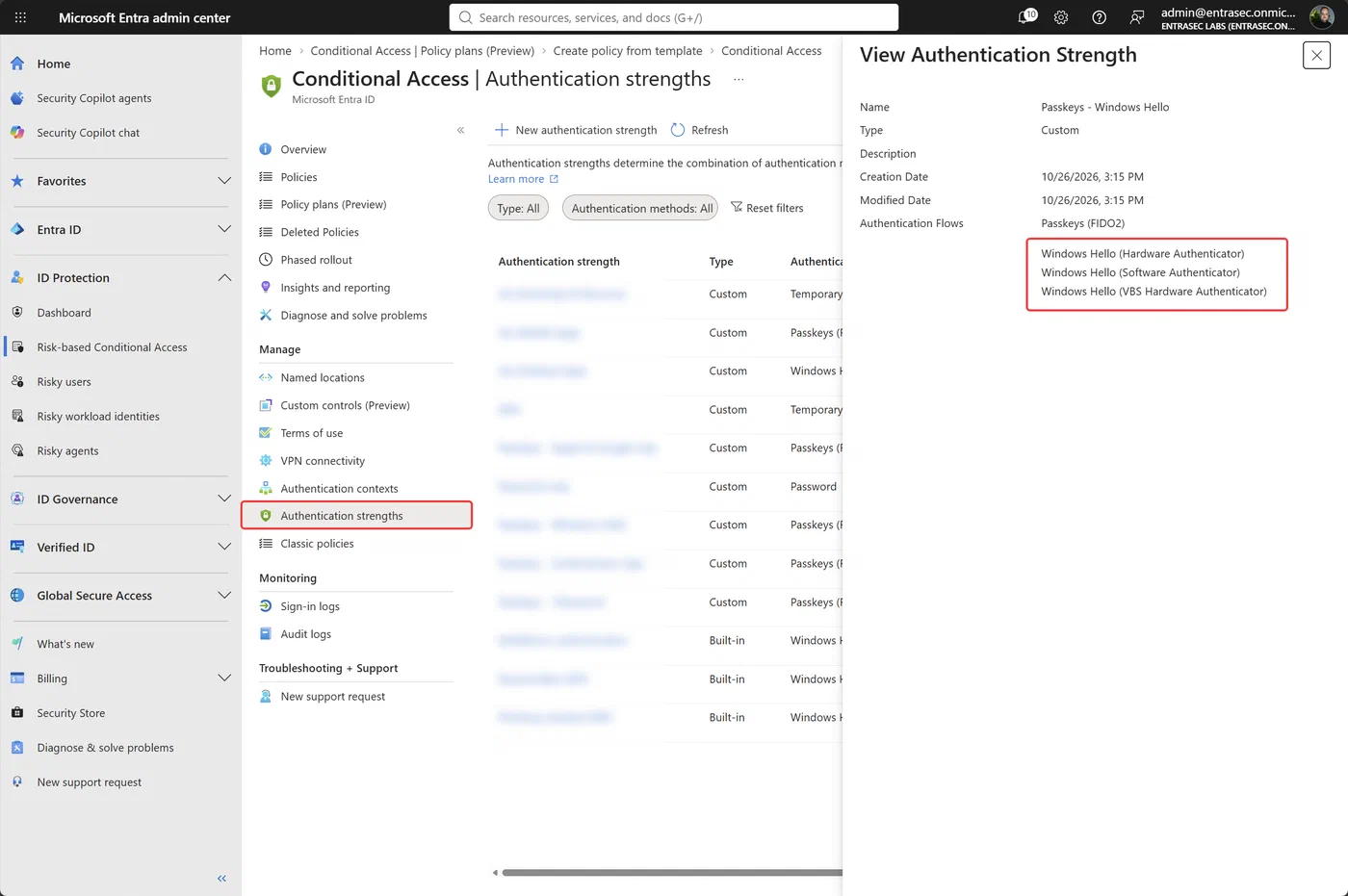 Custom Conditional Access authentication strength showing Windows Hello hardware, software, and VBS hardware authenticators