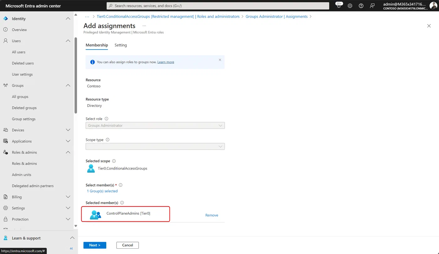 Select a role-assignable group for the role assignment