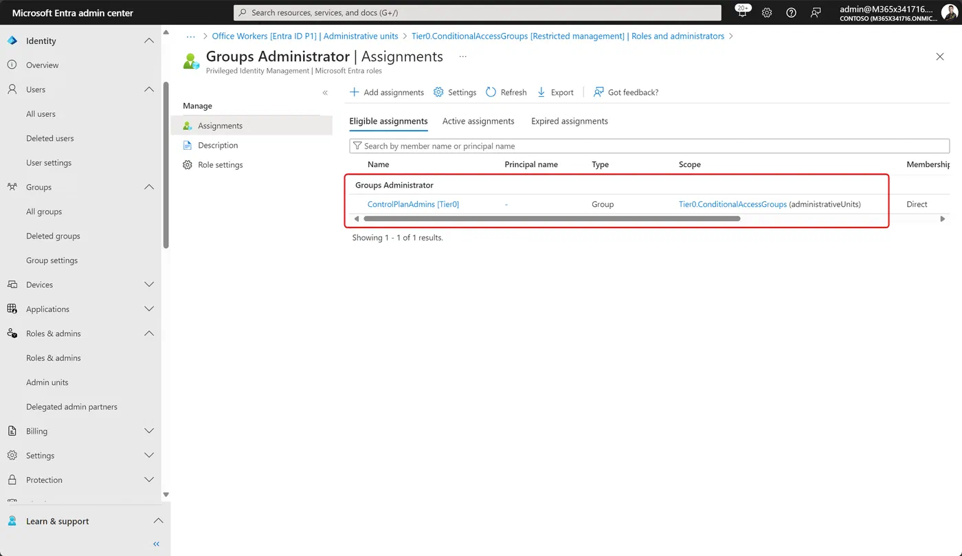 Verify the role assignment within the restricted unit