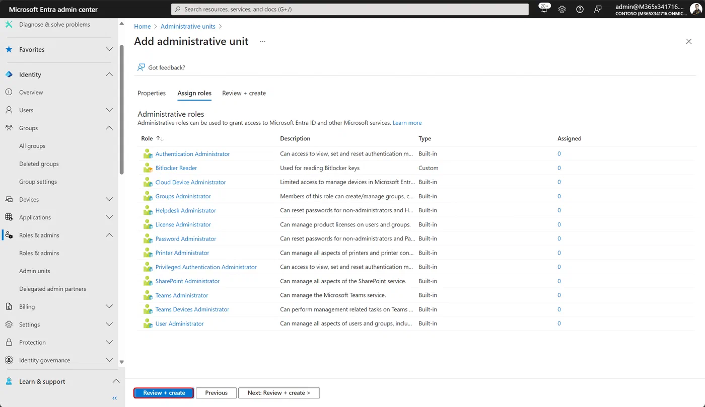 Create the Administrative Unit without assigning roles