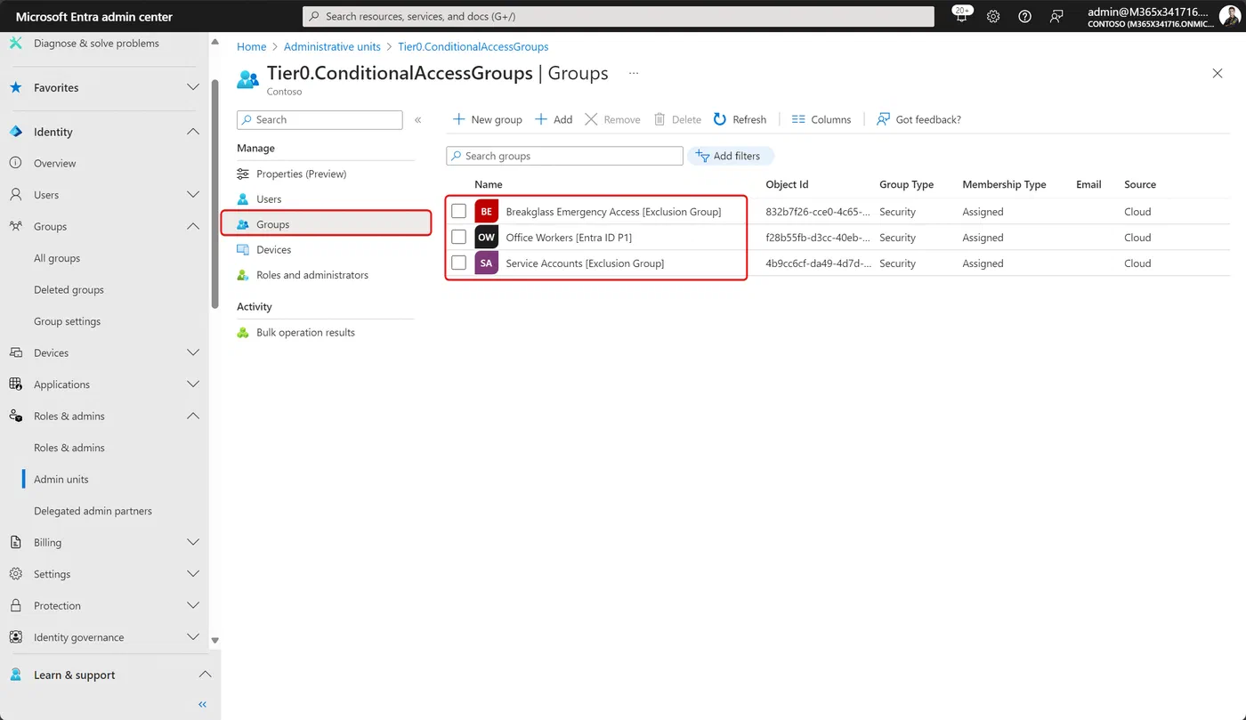 Conditional Access groups listed in the restricted unit