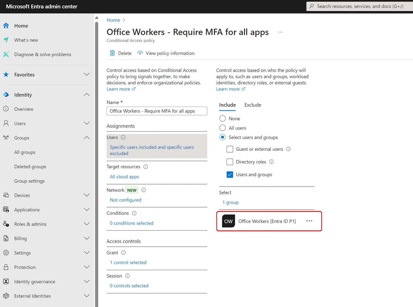 Conditional Access policy targeting a group
