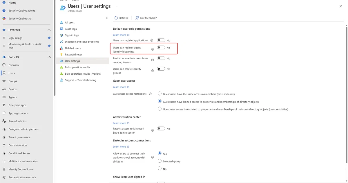 Prevent users from creating new agent identity blueprints