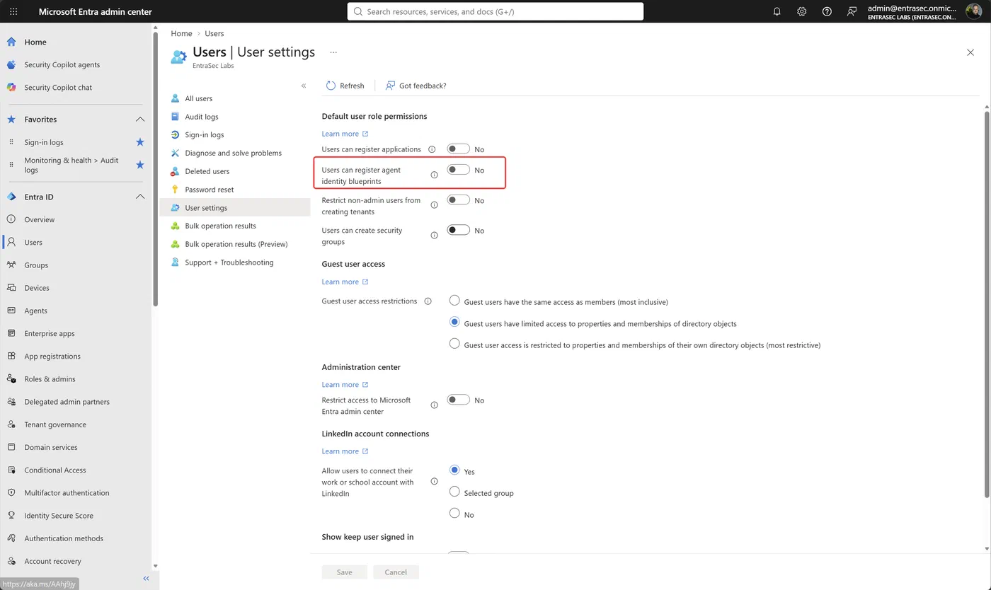Microsoft Entra user settings showing agent identity blueprint creation turned off