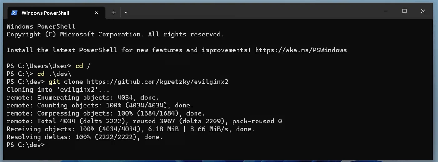 Command Prompt cloning the Evilginx repository from GitHub