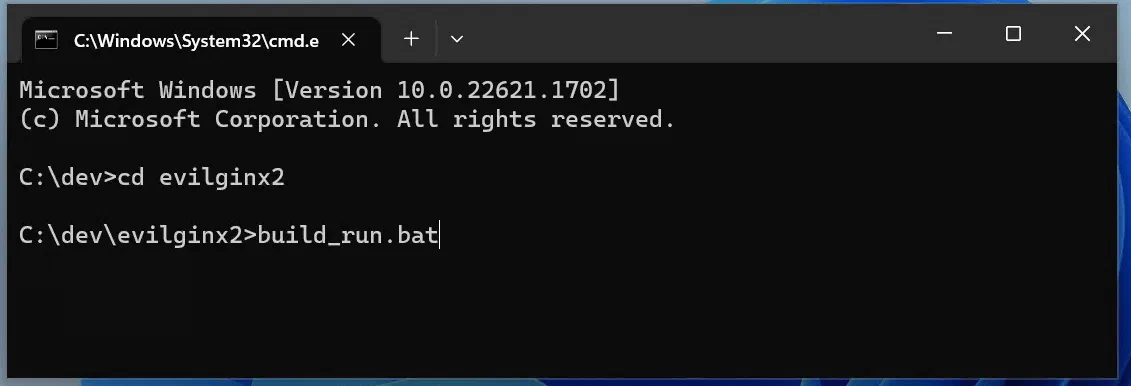 Command Prompt running the Evilginx build script