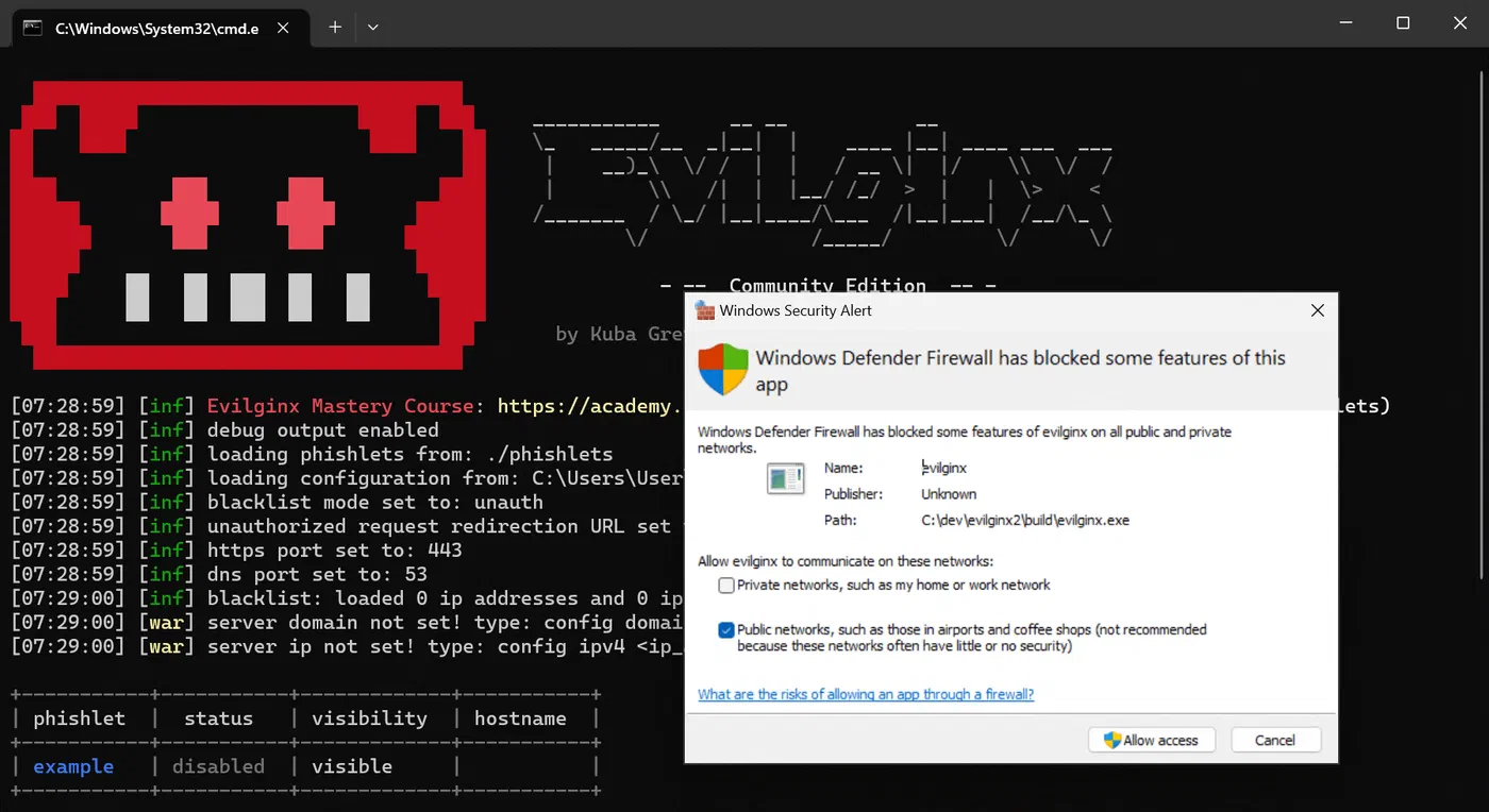 Windows Defender Firewall prompt allowing Evilginx network access