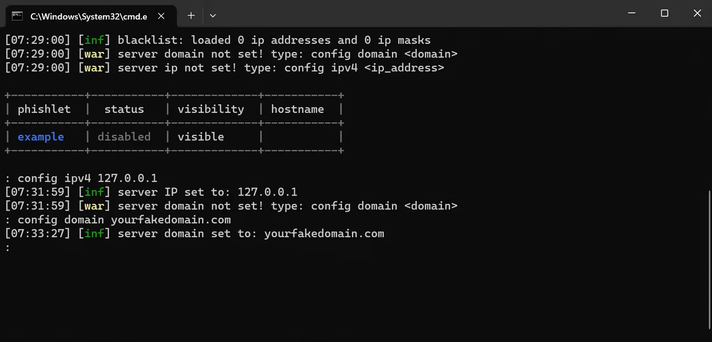Evilginx terminal setting the local phishing domain