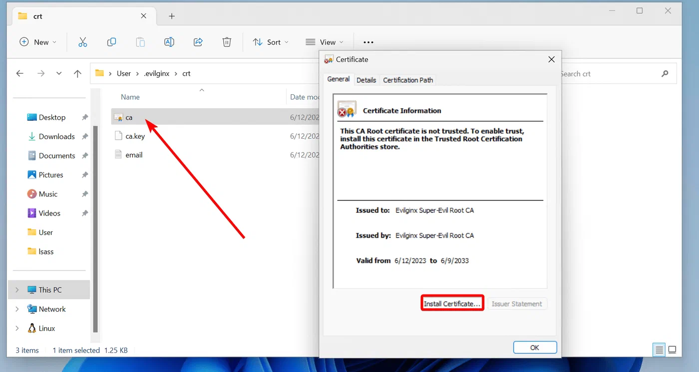 File Explorer showing the Evilginx root certificate files