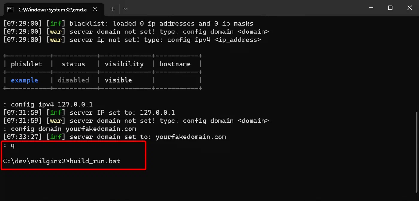 Command Prompt restarting Evilginx after updating the phishlet